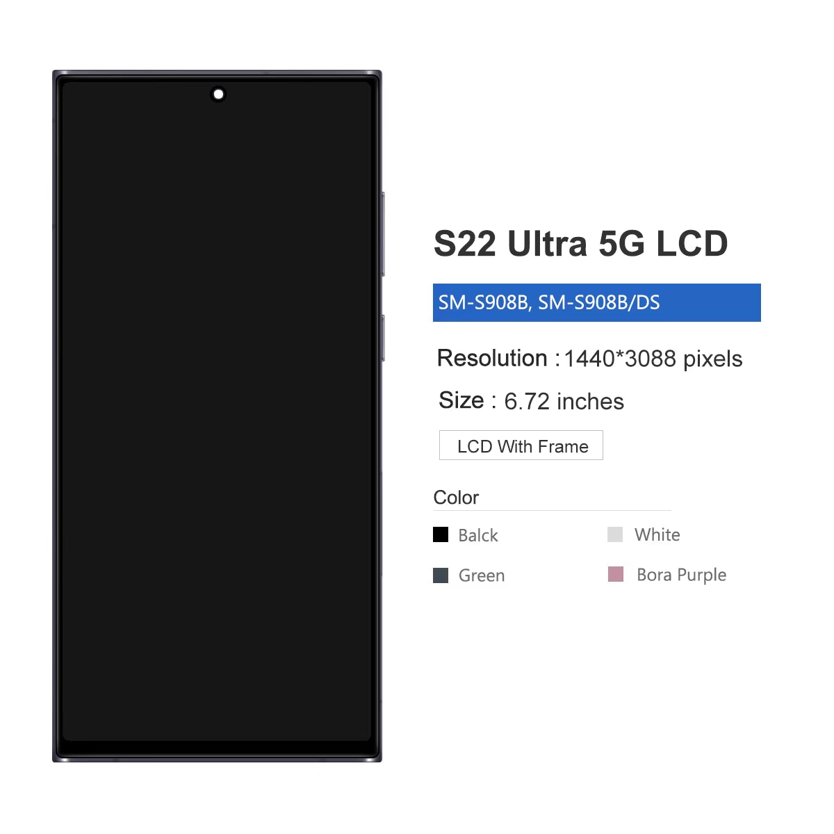 For Samsung S22 Ultra 5G Display with Frame Replacement LCD Touch Screen Digitizer Assembly S908 S908B S908U S908W S908E