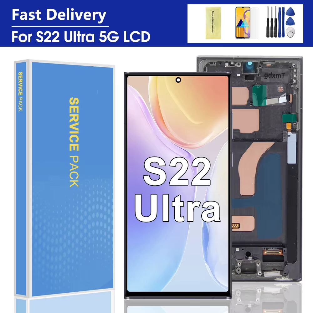 For Samsung S22 Ultra 5G Display with Frame Replacement LCD Touch Screen Digitizer Assembly S908 S908B S908U S908W S908E